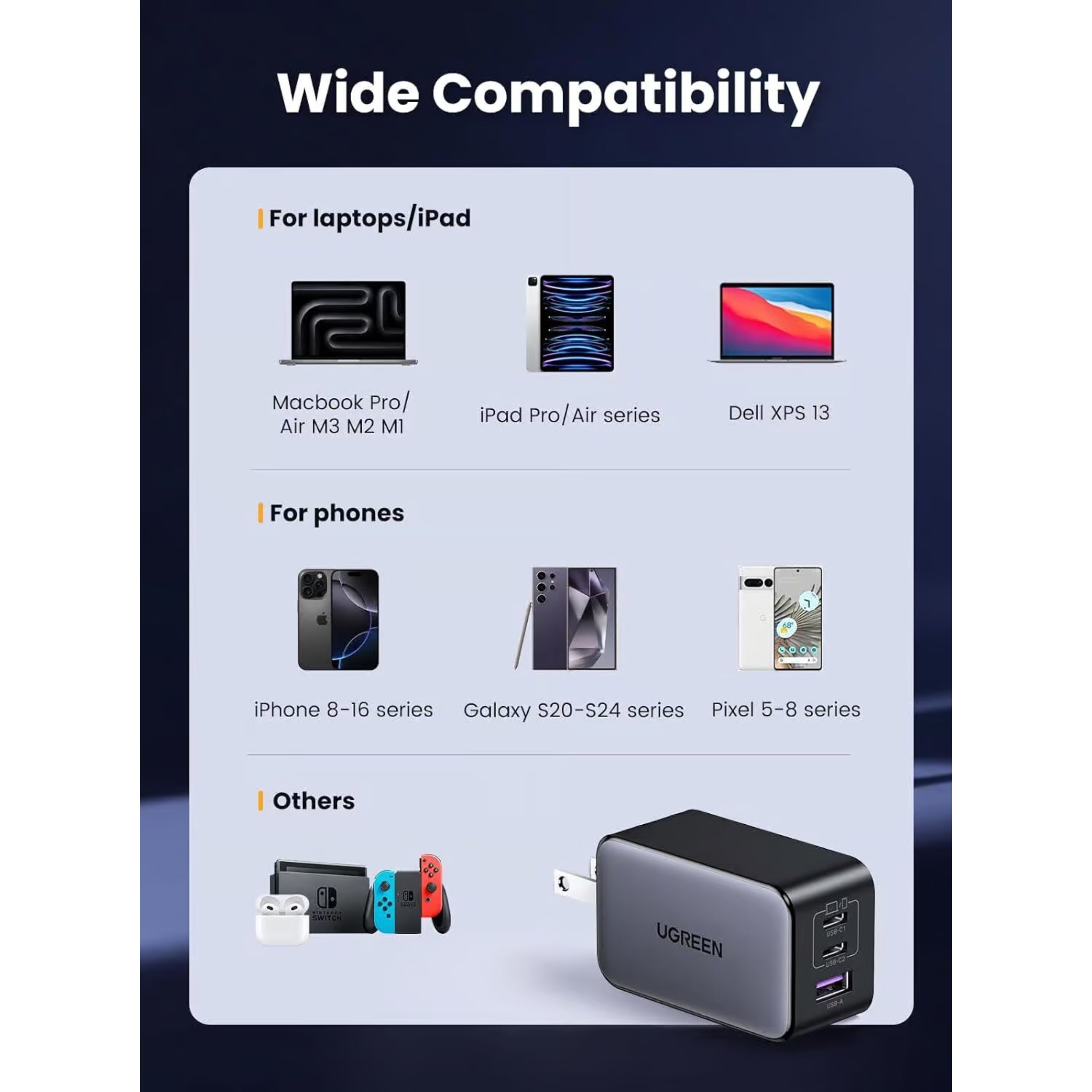 UGREEN Nexode 65W GaN Fast Charger, 3-Port USB-C Wall Charger (US Plug, Black) for iPhone 16/15/14/13, Samsung, MacBook & More