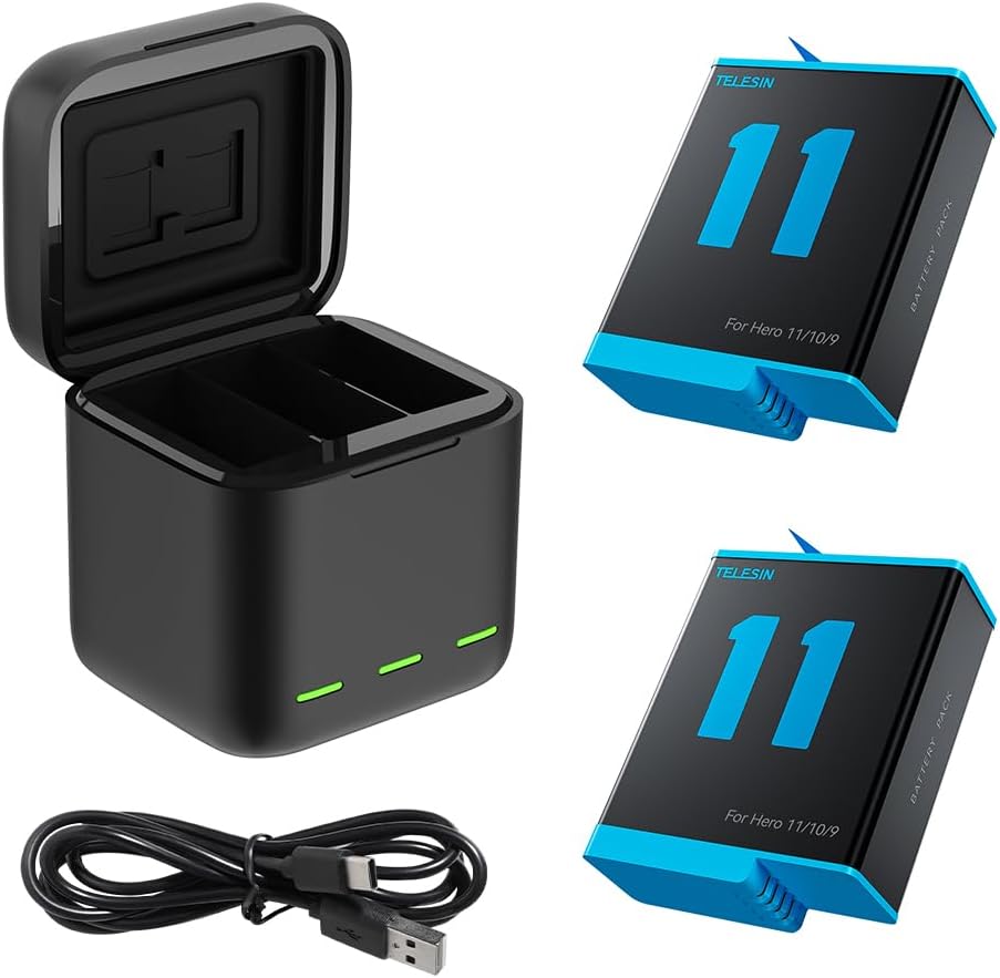 TELESIN 3-Battery Pack & Triple Charger Case for GoPro Hero 11/10/9 Black, Fast Charging Storage Box with USB & Type-C Cable – Includes 3 Rechargeable Batteries